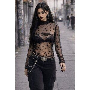 Los Angeles Star Sheer Mesh Top Womens L  Grunge Chola Goth Festival Streetwear